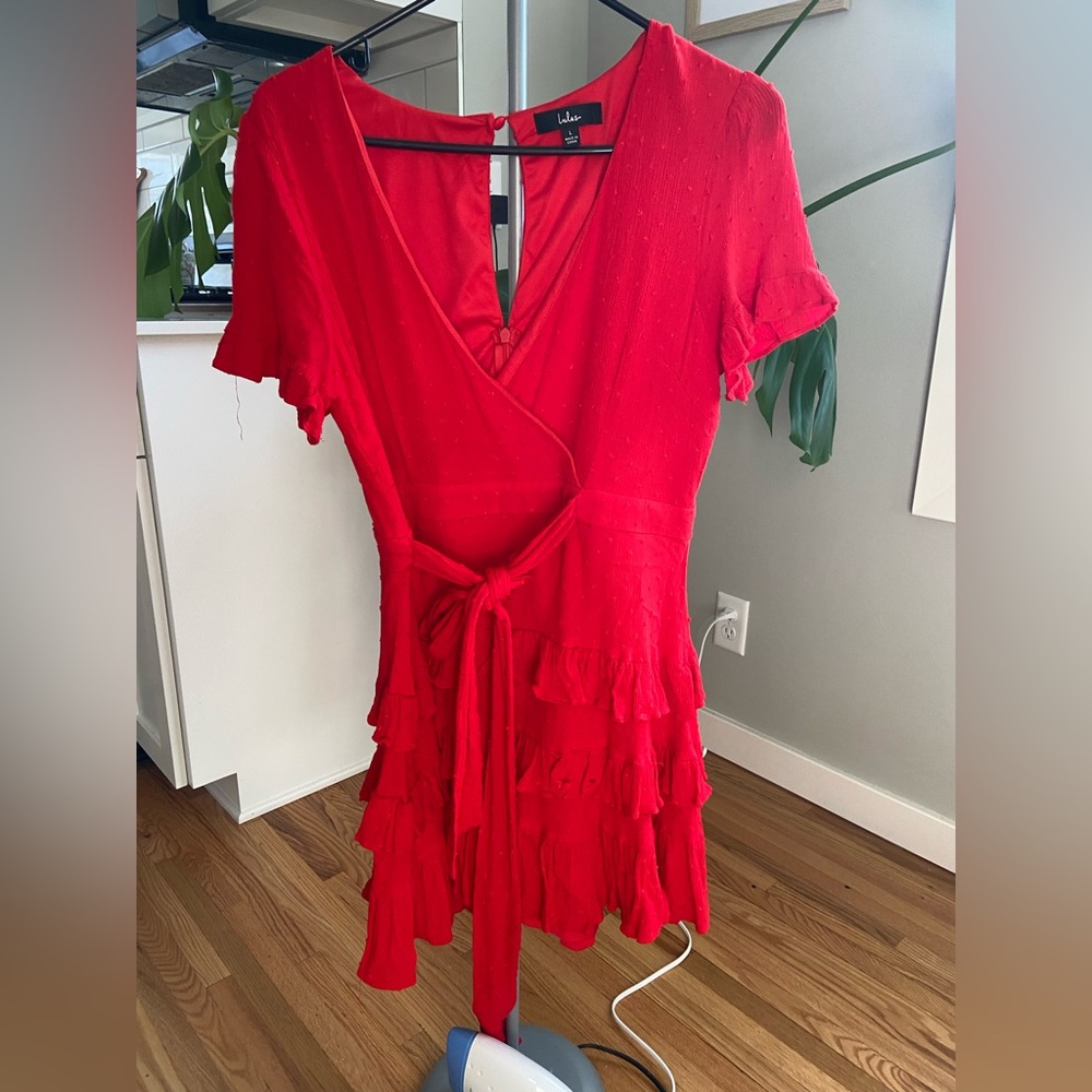 Lulu's Red Wrap Ruffle Mini Dress